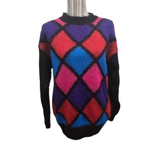 Crystal Sportswear Mohair Blend Fuzzy Argyle Sweater Vintage M Made in Hong Kong